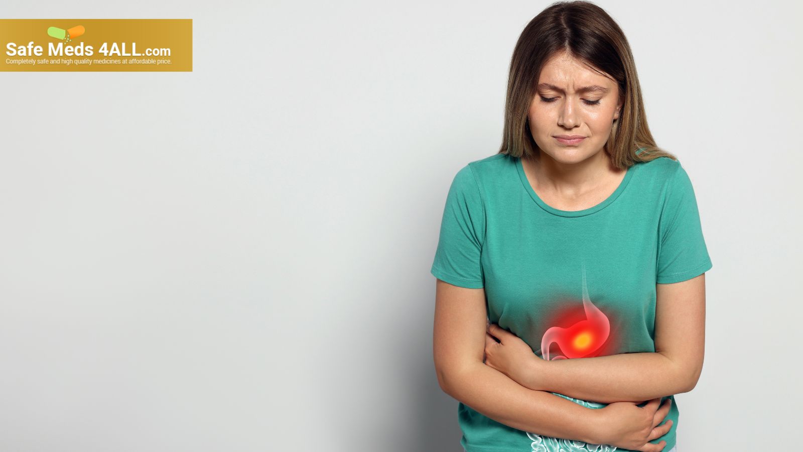 A lady holding her stomach after experiencing acid reflux.