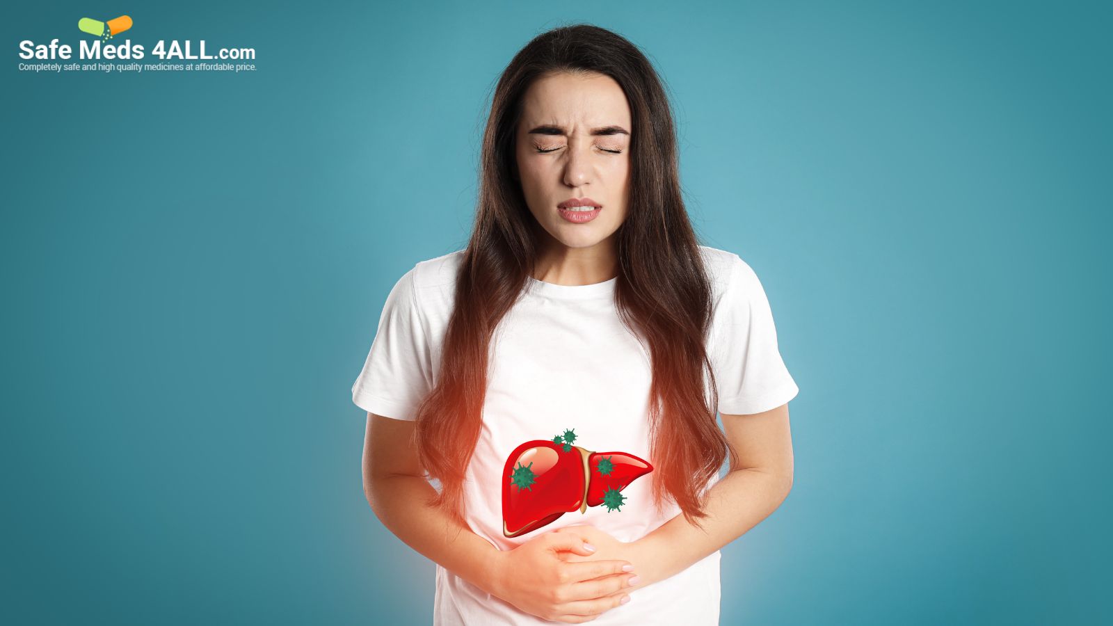 A woman holding stomach in pain.