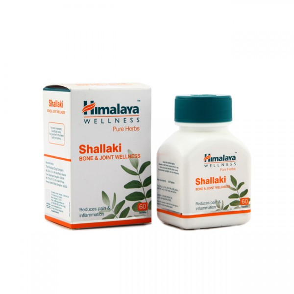 A box and a bottle of Himalaya Pure Herbs Shallaki Bone & Joint Wellness Tablet