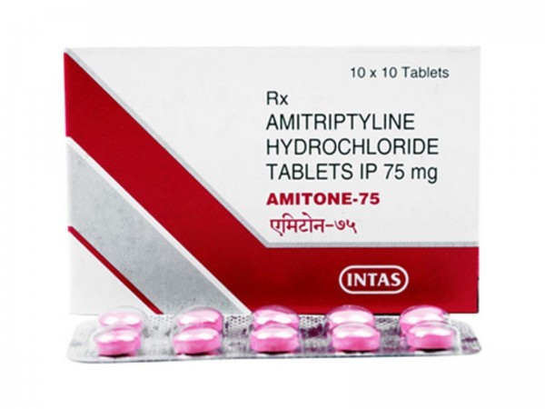 A box and blister strip of Amitriptyline 75mg Generic Tablets