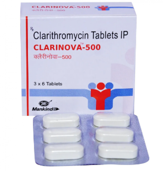 A box and a blister of generic clarithromycin 500mg tablets