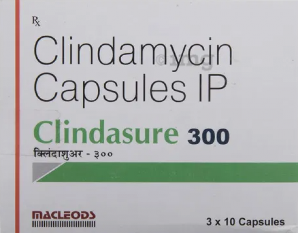 A box of Clindamycin (generic) 300mg Capsules