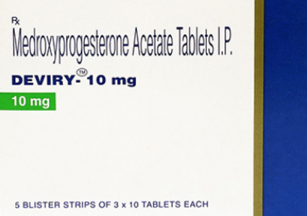 A box of generic medroxyprogesterone 10mg tablets 