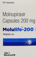 A bottle and a box of generic Molnupiravir 200mg Capsules