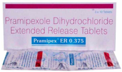 A box and strip of Pramipexole ER (0.375 mg) Generic Tablets