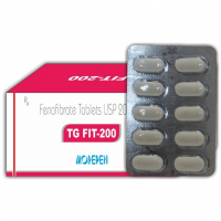 A box and a blister of generic Fenofibrate 200mg tablets