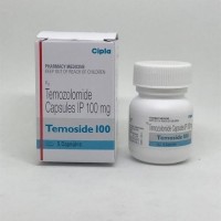 A box pack and a plastic bottle of generic Temozolomide 100mg Capsules