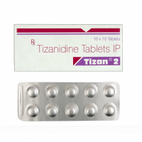 A box and two strips of generic tizanidine 2mg tablets