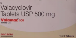 A box pack and two strips of Valtrex 500mg Tablets - Valacyclovir Hydrochloride