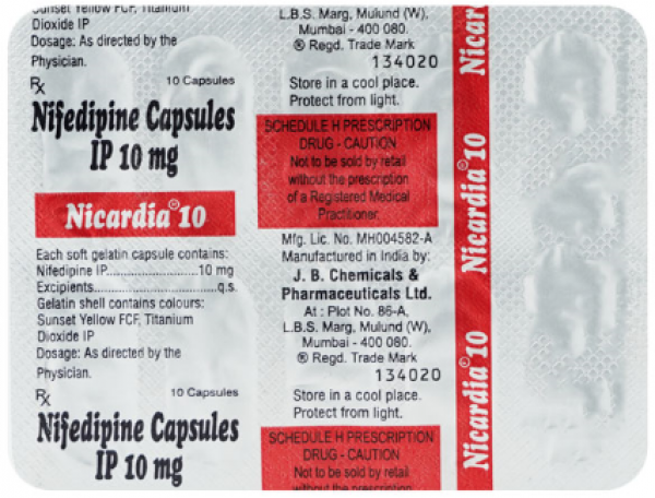 Box pack and a blister of Procardia 10 mg Generic capsule - Nifedipine