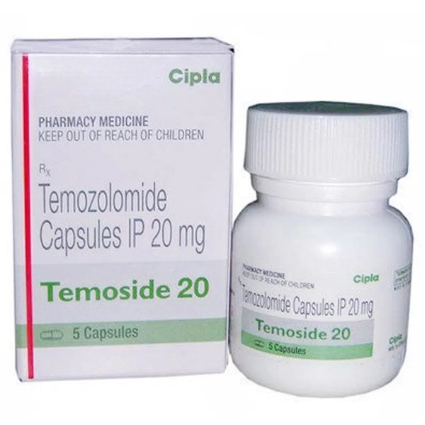 A box and a plastic bottle of generic Temozolomide 20mg Capsules