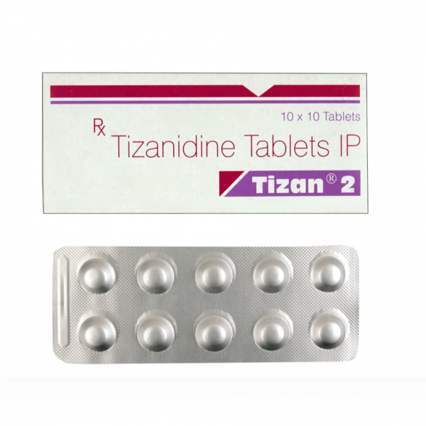 A box and two strips of generic tizanidine 2mg tablets